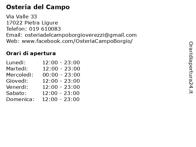 Osteria del Campo a Pietra Ligure: indirizzo e orari di apertura