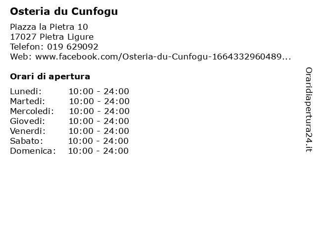 Osteria du Cunfogu a Pietra Ligure: indirizzo e orari di apertura