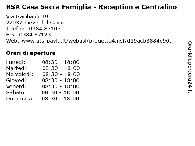 RSA Casa Sacra Famiglia - Reception e Centralino a Pieve del Cairo: indirizzo e orari di apertura