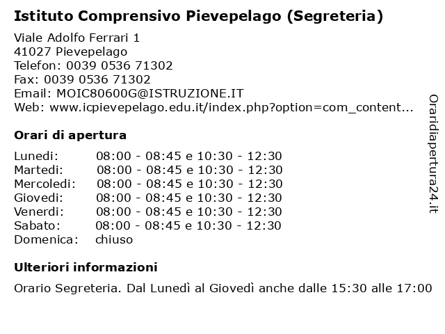 Istituto Comprensivo Pievepelago (Segreteria) a Pievepelago: indirizzo e orari di apertura