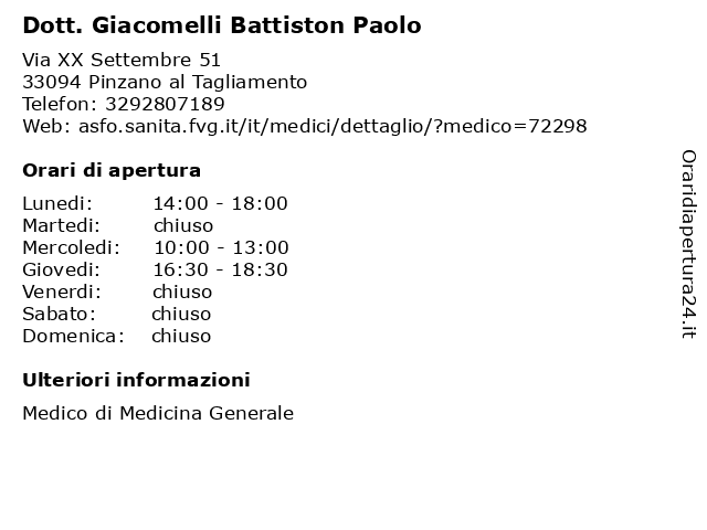 Dott. Giacomelli Battiston Paolo a Pinzano al Tagliamento: indirizzo e orari di apertura