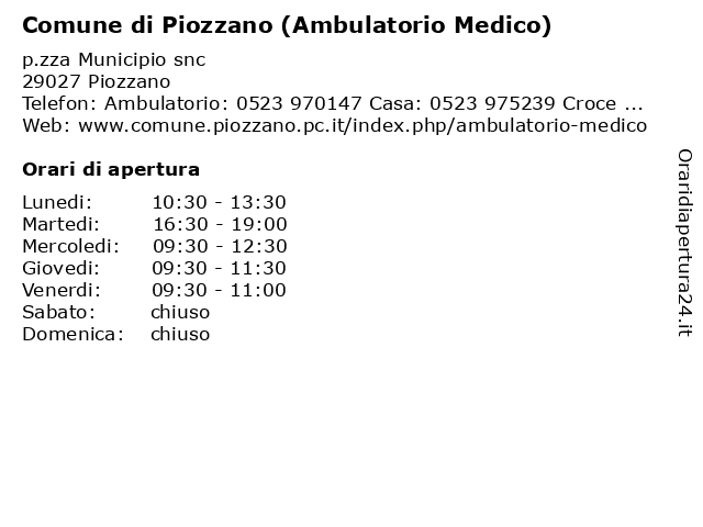 Comune di Piozzano (Ambulatorio Medico) a Piozzano: indirizzo e orari di apertura