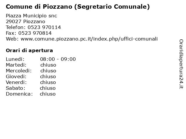 Comune di Piozzano (Segretario Comunale) a Piozzano: indirizzo e orari di apertura