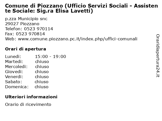 Comune di Piozzano (Ufficio Servizi Sociali - Assistente Sociale: Sig.ra Elisa Lavetti) a Piozzano: indirizzo e orari di apertura