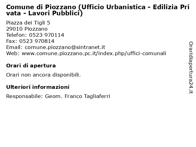 Comune di Piozzano (Ufficio Urbanistica - Edilizia Privata - Lavori Pubblici) a Piozzano: indirizzo e orari di apertura