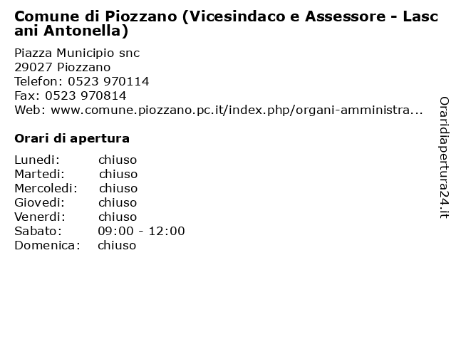 Comune di Piozzano (Vicesindaco e Assessore - Lascani Antonella) a Piozzano: indirizzo e orari di apertura