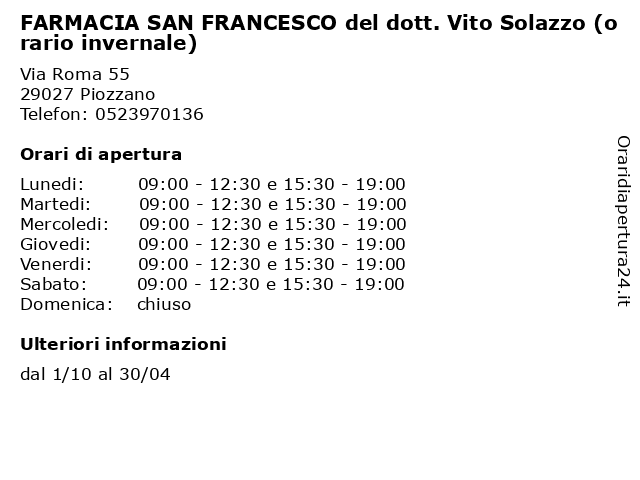 FARMACIA SAN FRANCESCO del dott. Vito Solazzo (orario invernale) a Piozzano: indirizzo e orari di apertura