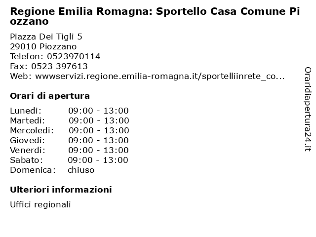 Regione Emilia Romagna: Sportello Casa Comune Piozzano a Piozzano: indirizzo e orari di apertura