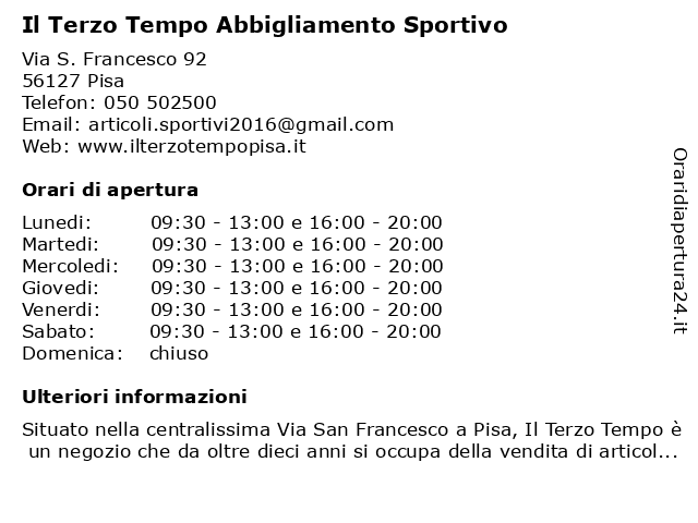 Il Terzo Tempo Abbigliamento Sportivo a Pisa: indirizzo e orari di apertura