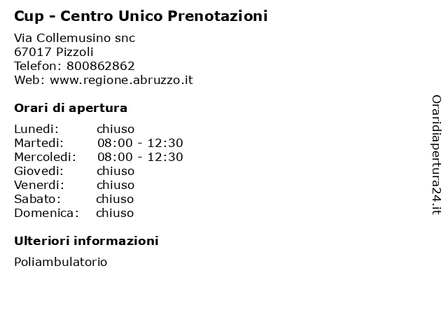 Cup - Centro Unico Prenotazioni a Pizzoli: indirizzo e orari di apertura