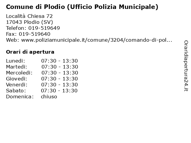 Comune di Plodio (Ufficio Polizia Municipale) a Plodio (SV): indirizzo e orari di apertura