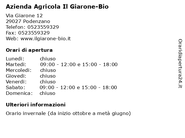 Azienda Agricola Il Giarone-Bio a Podenzano: indirizzo e orari di apertura