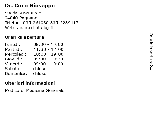 Ambulatorio Medico (Dr. Coco Giuseppe) a Pognano: indirizzo e orari di apertura