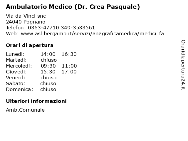 Ambulatorio Medico (Dr. Crea Pasquale) a Pognano: indirizzo e orari di apertura