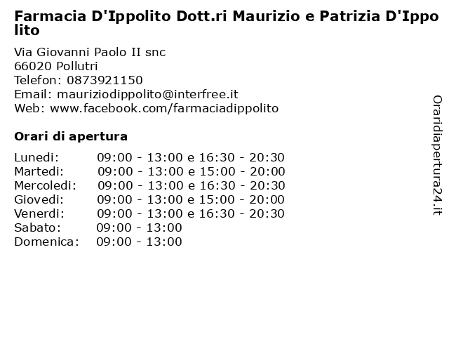 Farmacia D'Ippolito Dott.ri Maurizio e Patrizia D'Ippolito a Pollutri: indirizzo e orari di apertura