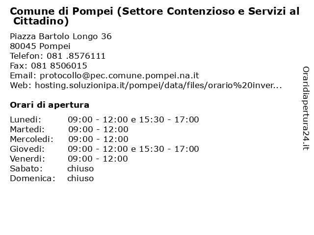 Comune di Pompei (Settore Contenzioso e Servizi al Cittadino) a Pompei: indirizzo e orari di apertura