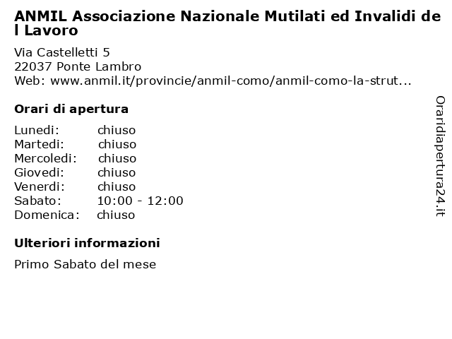 ANMIL Associazione Nazionale Mutilati ed Invalidi del Lavoro a Ponte Lambro: indirizzo e orari di apertura