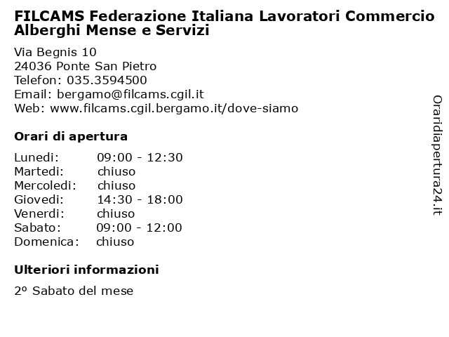 FILCAMS Federazione Italiana Lavoratori Commercio Alberghi Mense e Servizi a Ponte San Pietro: indirizzo e orari di apertura