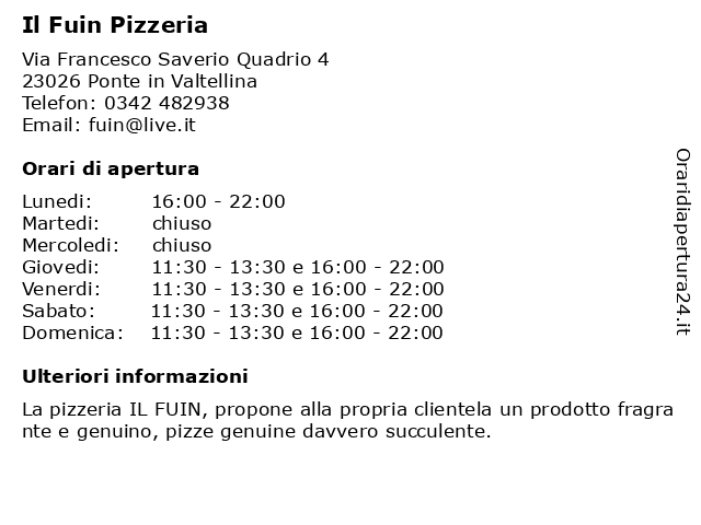 Il Fuin Pizzeria a Ponte in Valtellina: indirizzo e orari di apertura