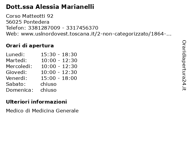 Dott.ssa Alessia Marianelli a Pontedera: indirizzo e orari di apertura