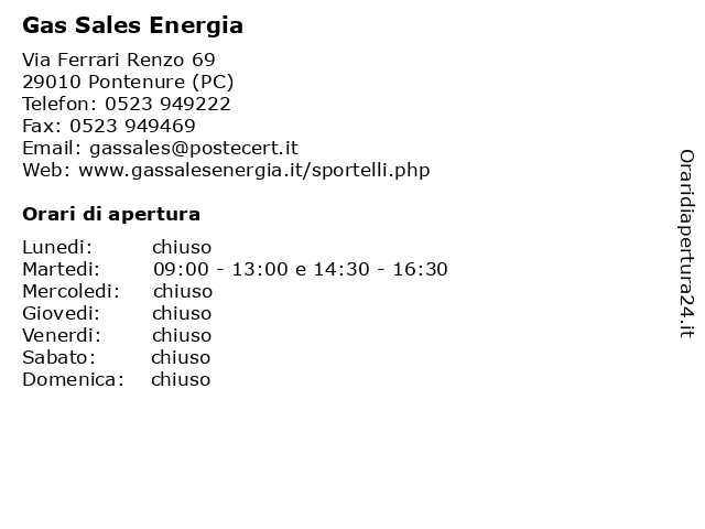 Gas Sales Energia a Pontenure (PC): indirizzo e orari di apertura