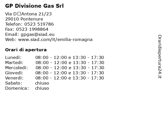 GP Divisione Gas Srl a Pontenure: indirizzo e orari di apertura