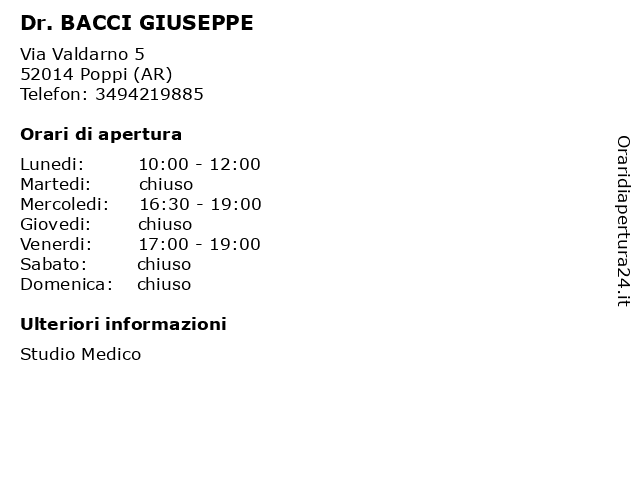 Dr. BACCI GIUSEPPE a Poppi (AR): indirizzo e orari di apertura