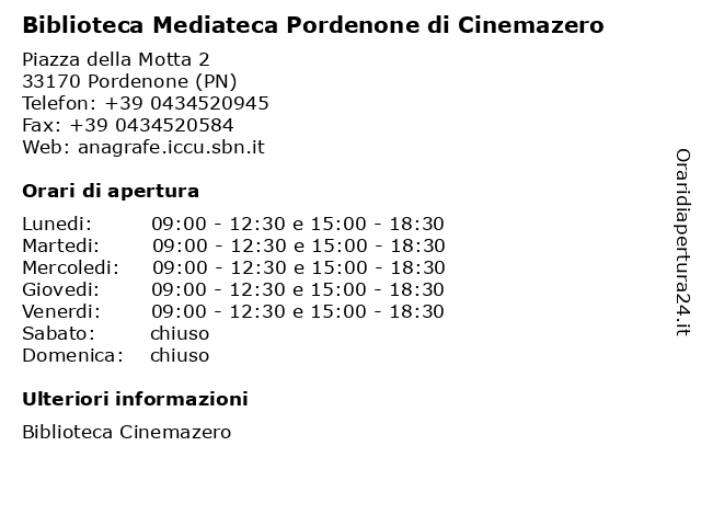 ᐅ Orari Biblioteca Mediateca Pordenone Di Cinemazero Piazza Della Motta 2 Pordenone Pn