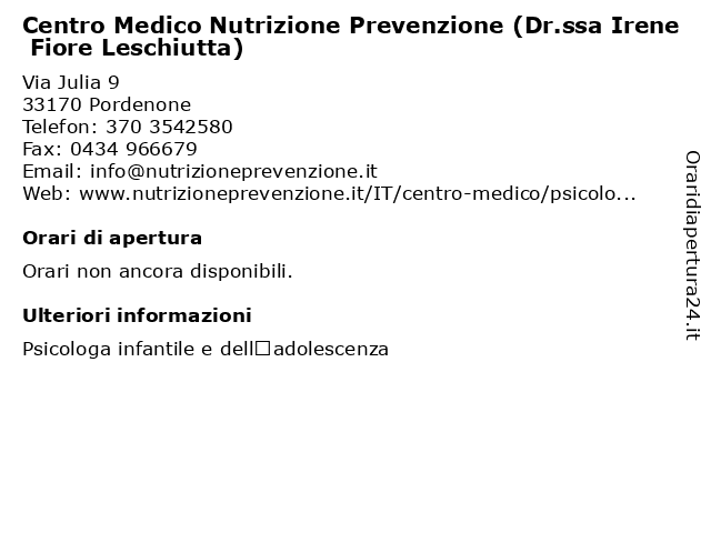 Centro Medico Nutrizione Prevenzione (Dr.ssa Irene Fiore Leschiutta) a Pordenone: indirizzo e orari di apertura