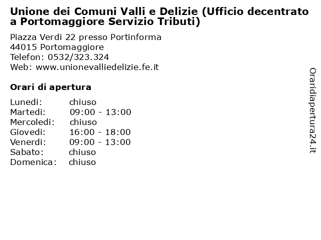 Unione dei Comuni Valli e Delizie (Ufficio decentrato a Portomaggiore Servizio Tributi) a Portomaggiore: indirizzo e orari di apertura