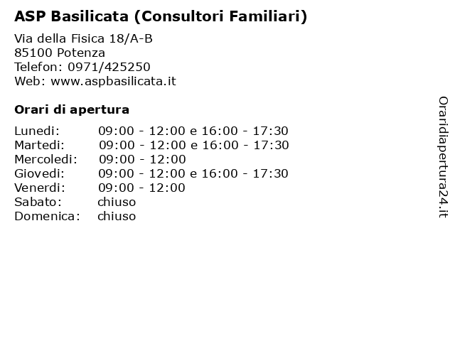 ASP Basilicata (Consultori Familiari) a Potenza: indirizzo e orari di apertura
