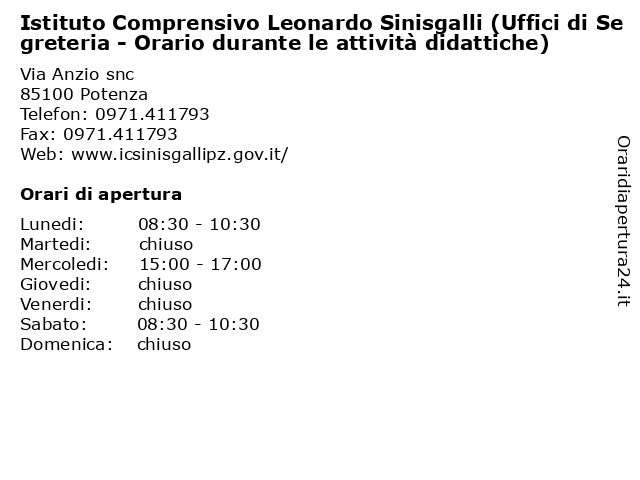 Istituto Comprensivo Leonardo Sinisgalli (Uffici di Segreteria - Orario durante le attività didattiche) a Potenza: indirizzo e orari di apertura