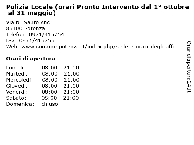 Polizia Locale (orari Pronto Intervento dal 1° ottobre al 31 maggio) a Potenza: indirizzo e orari di apertura