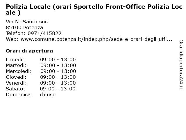 Polizia Locale (orari Sportello Front-Office Polizia Locale ) a Potenza: indirizzo e orari di apertura