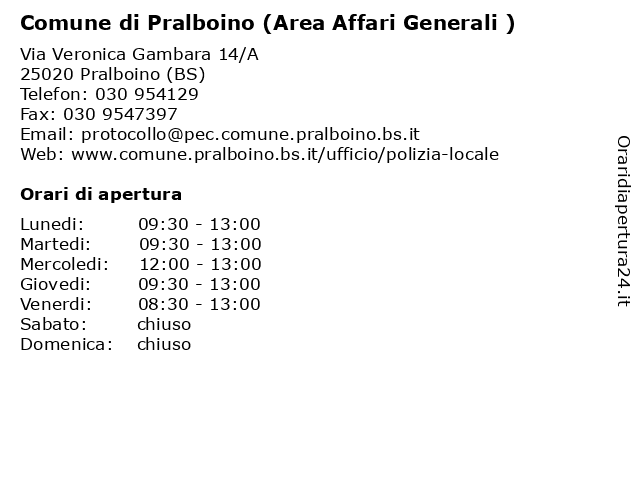 Comune di Pralboino (Area Affari Generali ) a Pralboino (BS): indirizzo e orari di apertura