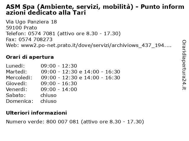 ASM Spa (Ambiente, servizi, mobilità) - Punto informazioni dedicato alla Tari a Prato: indirizzo e orari di apertura