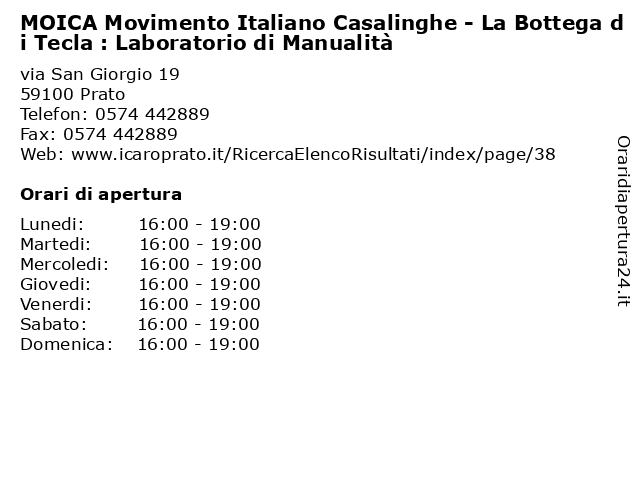 MOICA Movimento Italiano Casalinghe - La Bottega di Tecla : Laboratorio di Manualità a Prato: indirizzo e orari di apertura