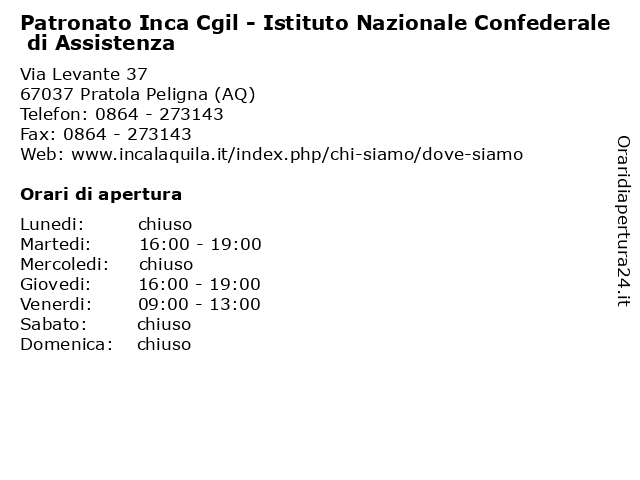 Patronato Inca Cgil - Istituto Nazionale Confederale di Assistenza a Pratola Peligna (AQ): indirizzo e orari di apertura
