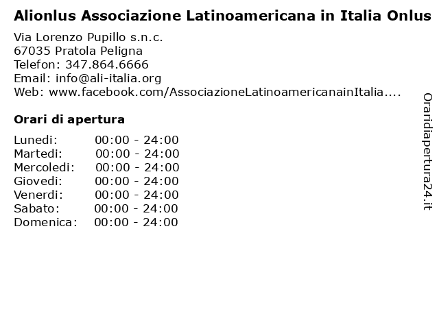Alionlus Associazione Latinoamericana in Italia Onlus a Pratola Peligna: indirizzo e orari di apertura