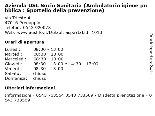 Azienda USL Socio Sanitaria (Ambulatorio igiene pubblica : Sportello della prevenzione) a Predappio: indirizzo e orari di apertura