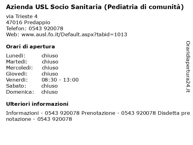 Azienda USL Socio Sanitaria (Pediatria di comunità) a Predappio: indirizzo e orari di apertura
