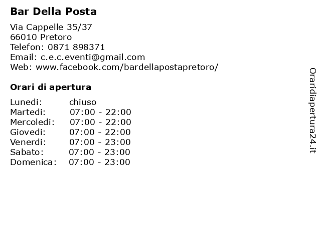 Bar Della Posta a Pretoro: indirizzo e orari di apertura