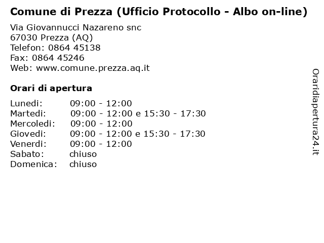 Comune di Prezza (Ufficio Protocollo - Albo on-line) a Prezza (AQ): indirizzo e orari di apertura
