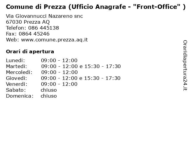 Comune di Prezza (Ufficio Anagrafe - "Front-Office" ) a Prezza AQ: indirizzo e orari di apertura