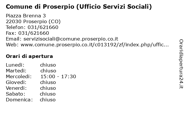 Comune di Proserpio (Ufficio Servizi Sociali) a Proserpio (CO): indirizzo e orari di apertura
