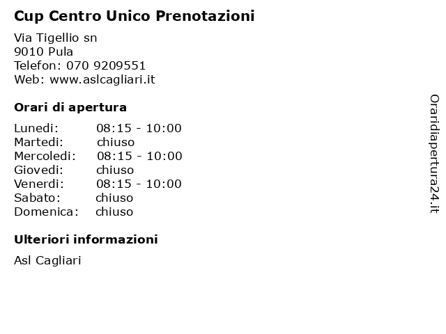 Cup Centro Unico Prenotazioni a Pula: indirizzo e orari di apertura