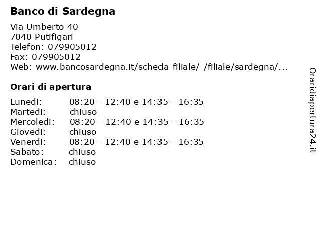 Banco Di Sardegna a Putifigari: indirizzo e orari di apertura