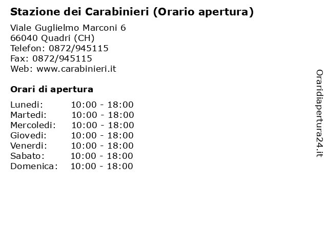Stazione dei Carabinieri (Orario apertura) a Quadri (CH): indirizzo e orari di apertura