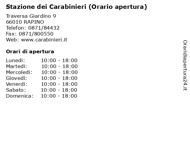Stazione dei Carabinieri (Orario apertura) a RAPINO: indirizzo e orari di apertura
