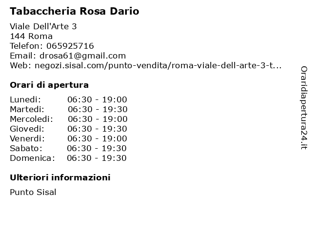  Orari Di Apertura TABACCHERIE VIALE DELL ARTE